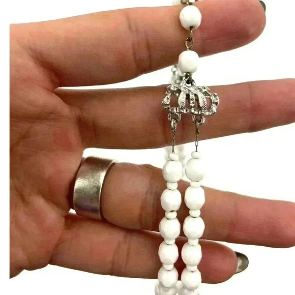 VTG Hobe White Glass Bead Necklace Layered Signed 16" 1960's Rare - Picture 8 of 15